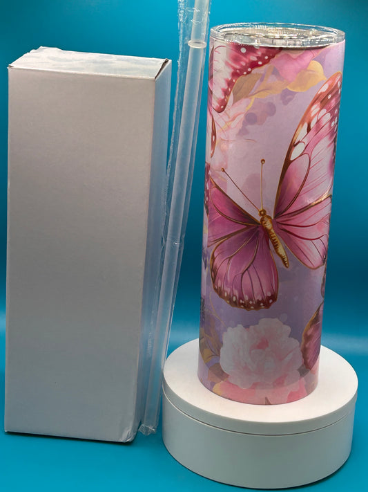 Custom Insulted Skinny Tumbler, Sublimation Tumbler, 20oz water cup, Tumbler Stainless Tumbler Birthday Anniversary Holiday Gift Pink butterfly tumbler Stainless Tumbler Birthday Anniversary Holiday Gift